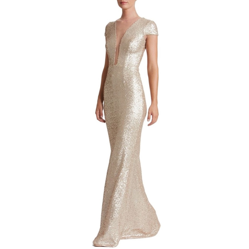 NWOT Dress the Population Michelle Sequin Plunge Neck Gown, Medium